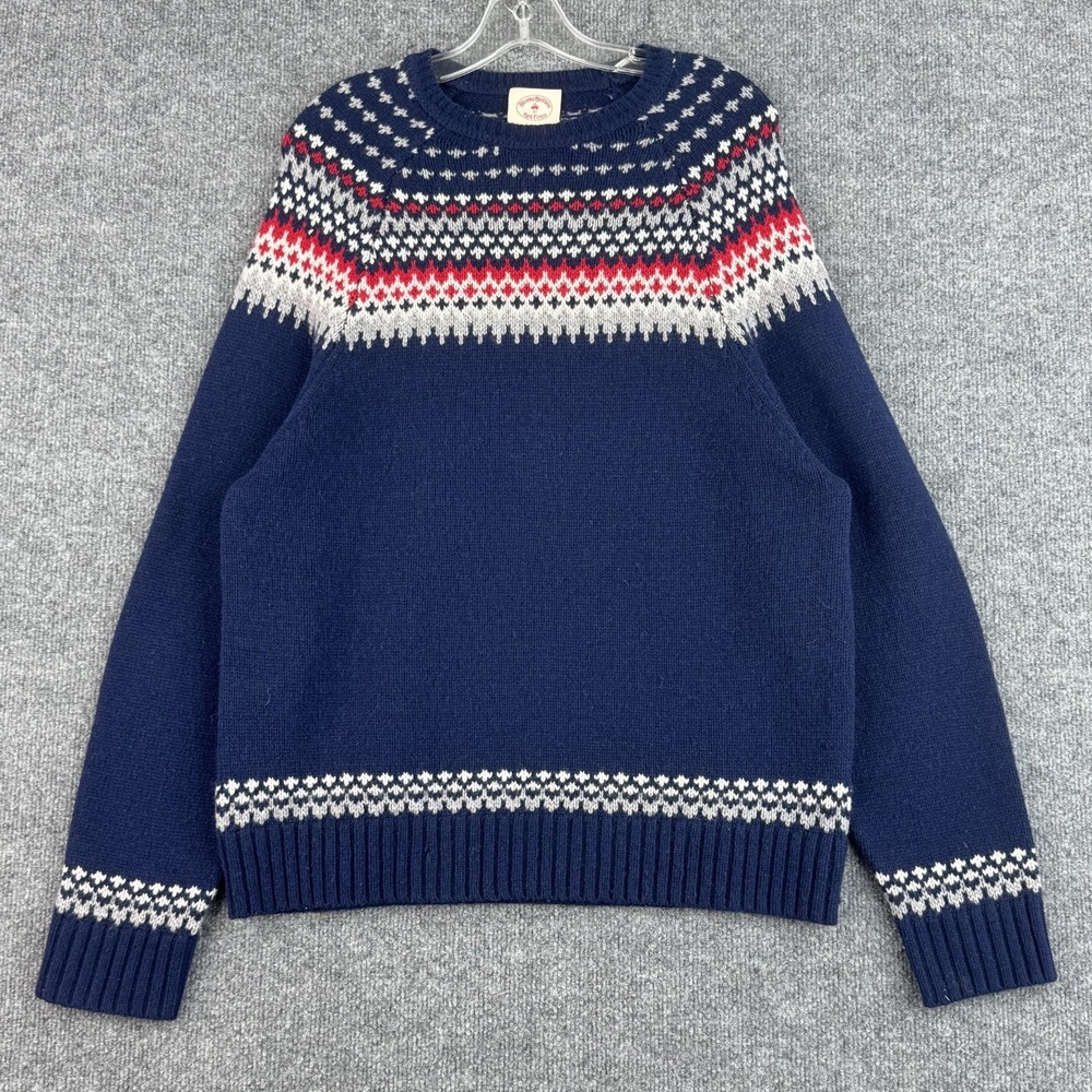 Brooks Brothers Sweater Mens XL Navy Wool Fair Isle Nordic Elbow Patch Fleece